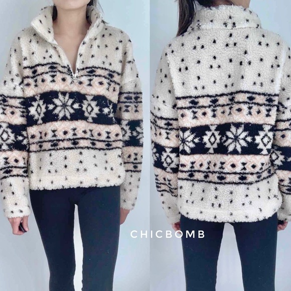CHICBOMB Sweaters - SHERPA HALF ZIP PULLOVER SWEATER - BEIGE